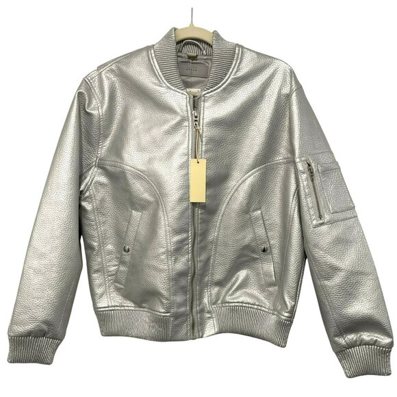 Blank NYC Metallic Silver Faux Leather Bomber Jacket Size Medium NWT - Picture 3 of 6